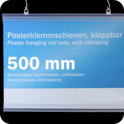 Plastikinių laikiklių komplektas plakatams, 500mm, su 2 kabliukais, skaidrūs (1 pora)