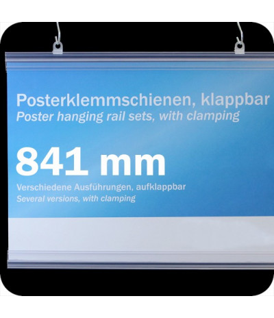Plastikinių laikiklių komplektas plakatams, 841mm, su 2 kabliukais, skaidrūs (1 pora)