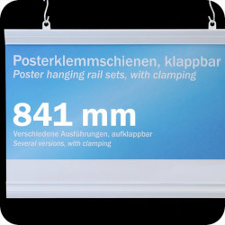 Plastikinių laikiklių komplektas plakatams, 841mm, su 2 kabliukais, balti (1 pora)
